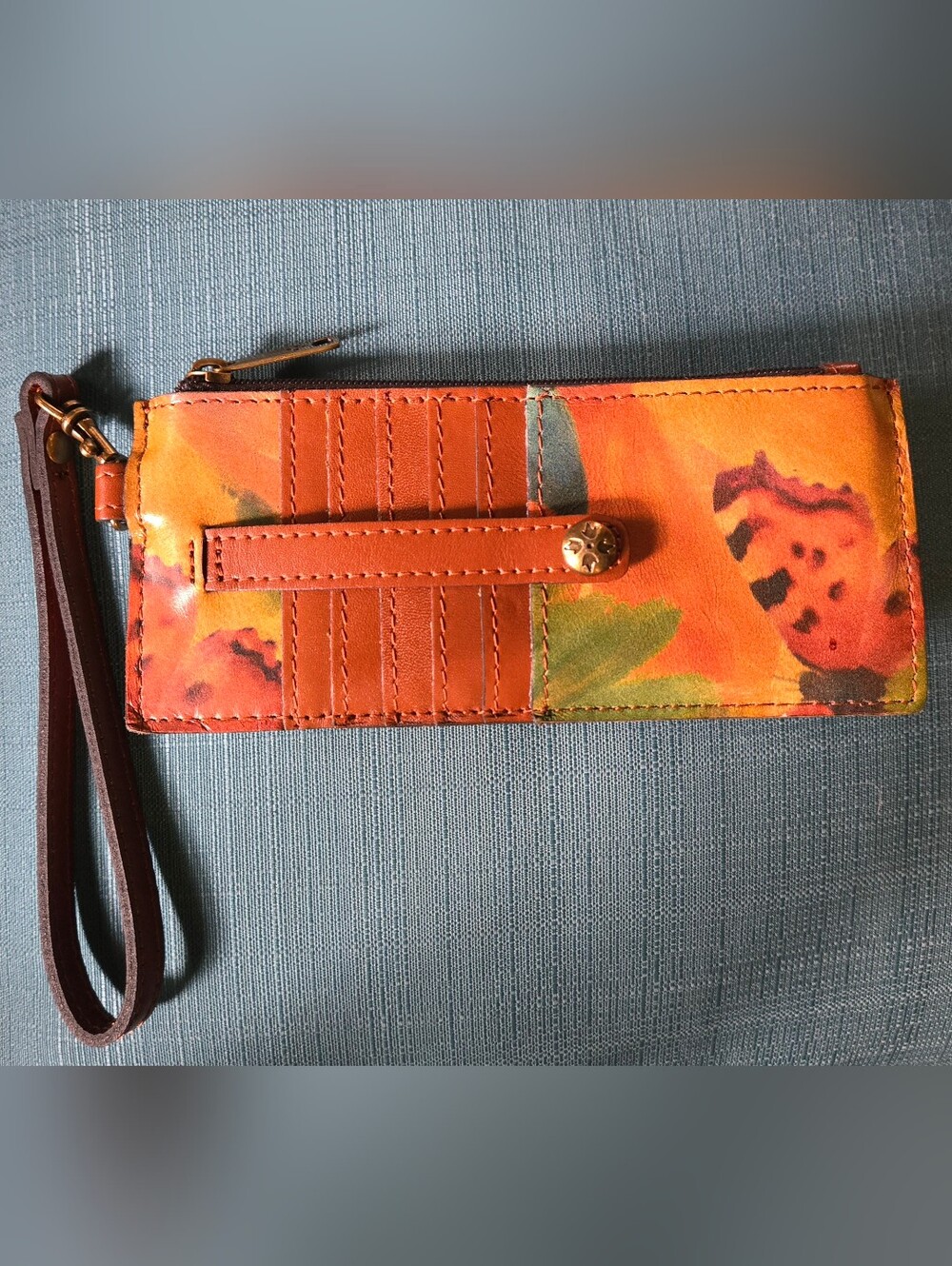 Patricia Nash Orange Floral Leather Wristlet Wallet with Brown Strap